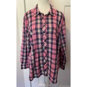 TALBOTS Womens Button TOP Long Sleeve PINK Blue White Silver PLAID Size L